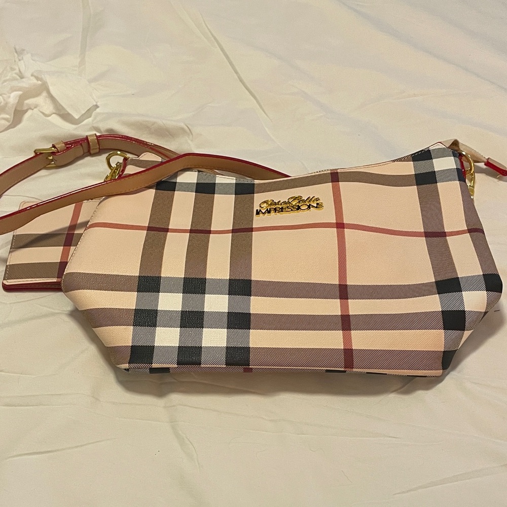 Impressions Beige and Black Checkered Shoulder Bag
